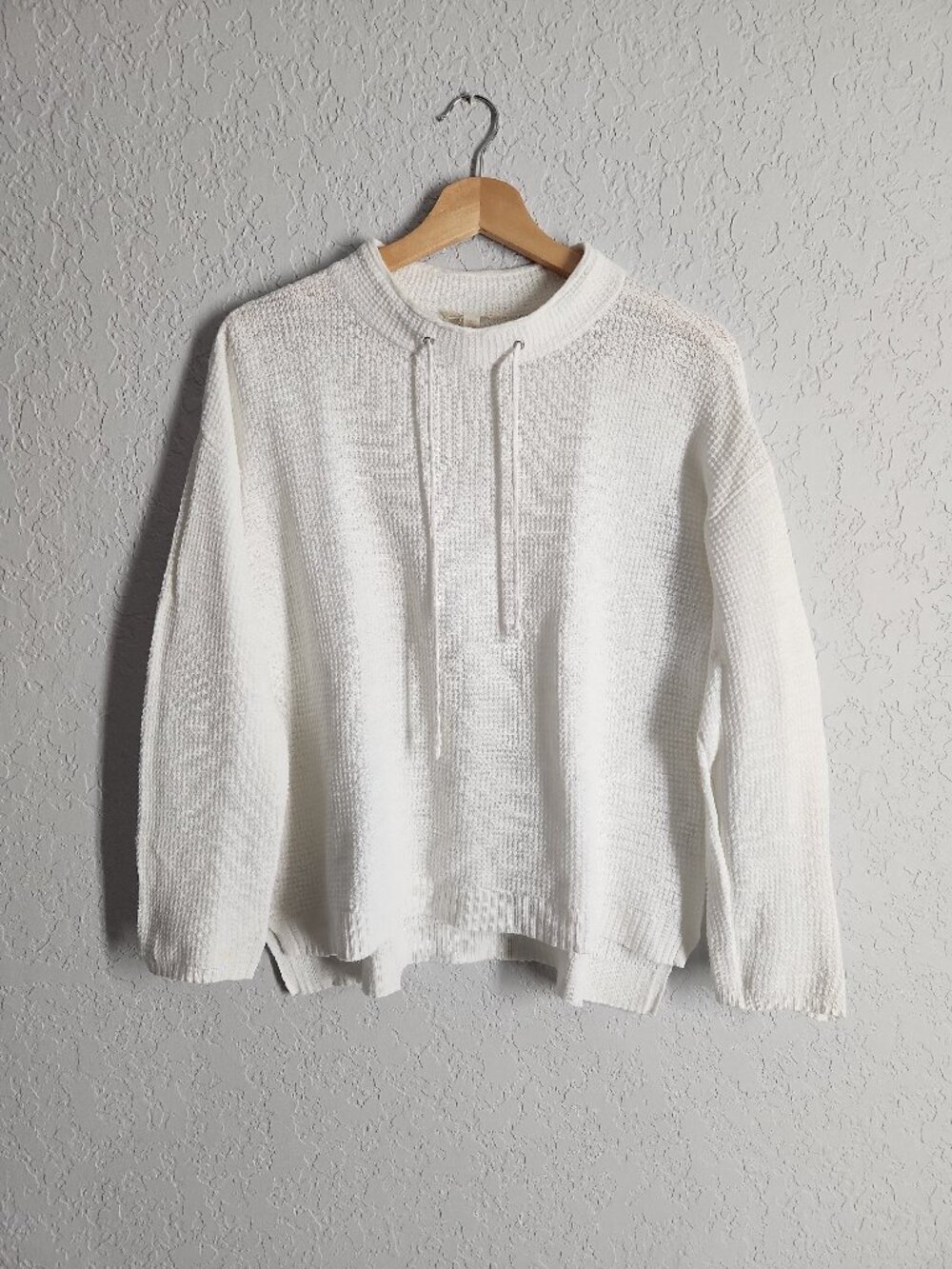 Eileen Fisher White Organic Cotton Linen Mock Neck Long Sleeve Top waffle knit S